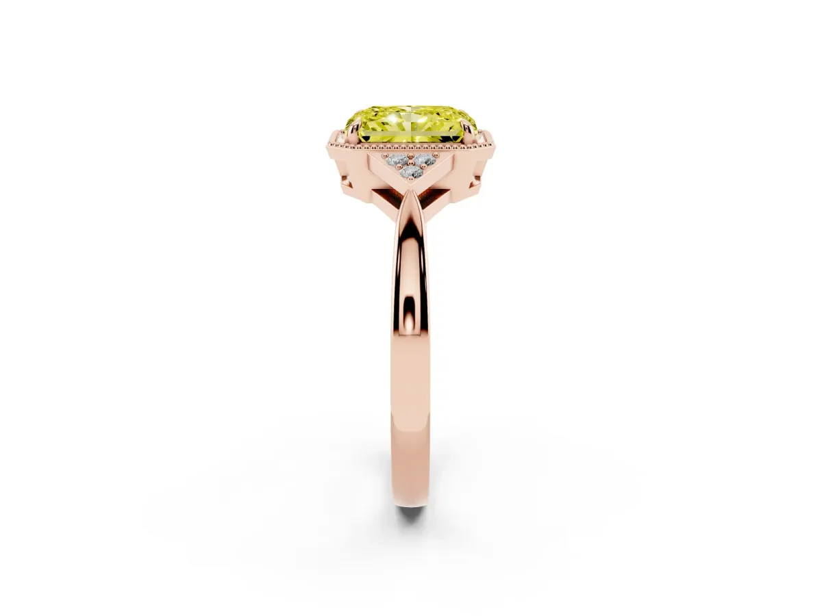 Fancy Yellow Radiant Cut Diamond Halo Ring with Tapered Band and Four-Prong Setting Rose gold