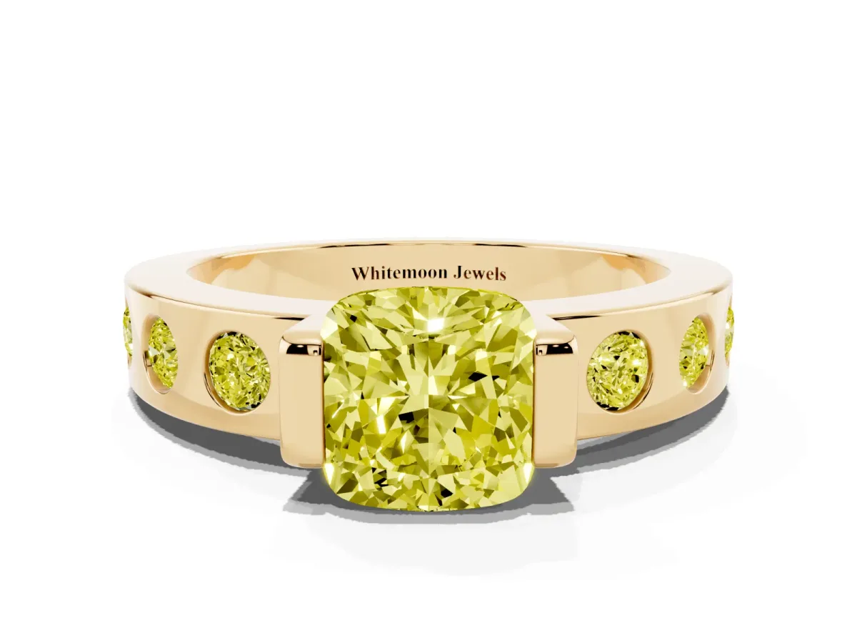 Fancy Yellow Cushion Cut Brilliant Channel-Set Diamond Ring with Bezel Prong Setting Yellow gold