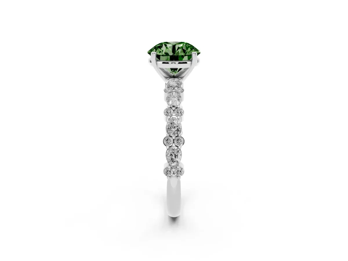Fancy Green Round Cut Diamond Side Stone Solitaire Ring with Round and Four-Prong Setting Silver