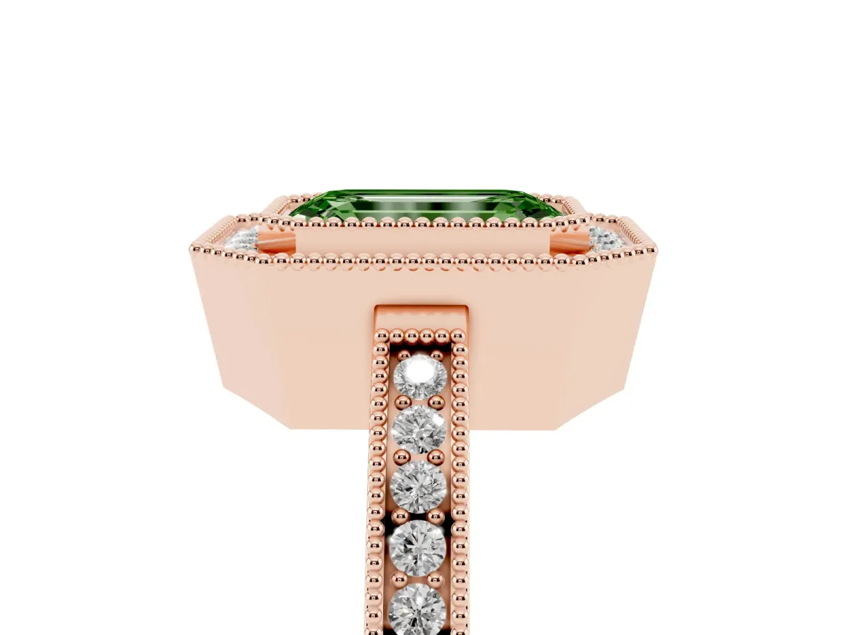 Fancy Green Emerald Cut Cut Halo Diamond Ring with Pavé Band and Milgrain Prong Setting Rose gold