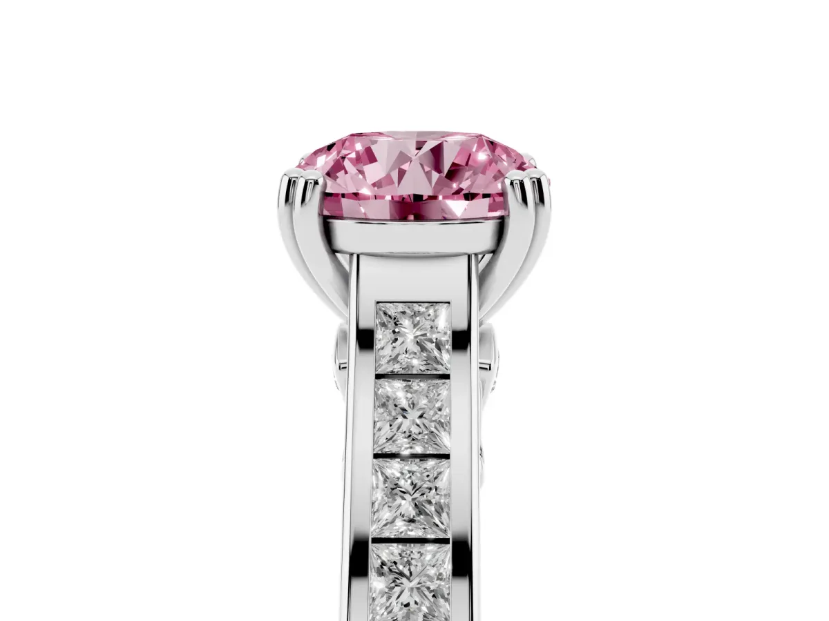 Fancy Pink Round Cut Cut Channel Set Solitaire Engagement Ring with Prong Setting Platinum