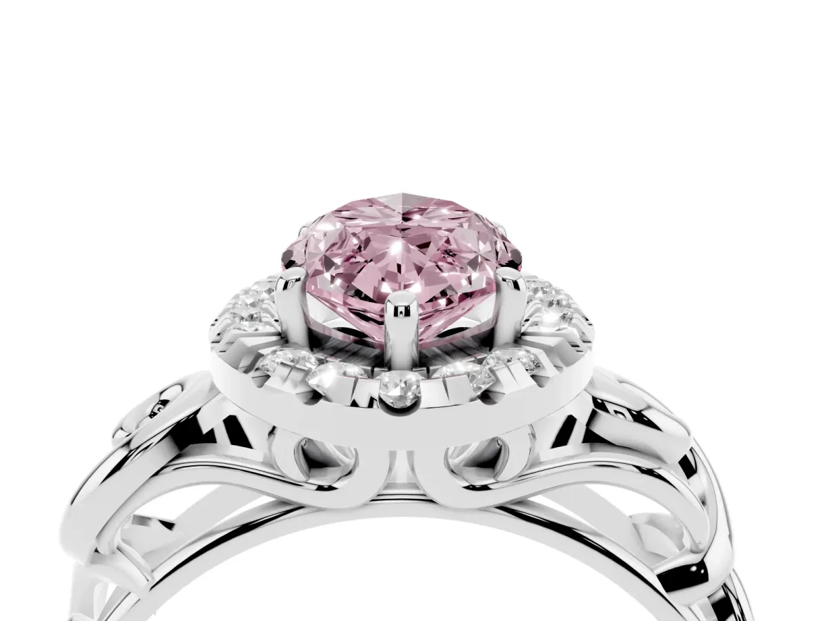 Fancy Pink Marquise Cut Cut Halo Diamond Ring with Scrollwork Band and Four-Prong Setting Silver
