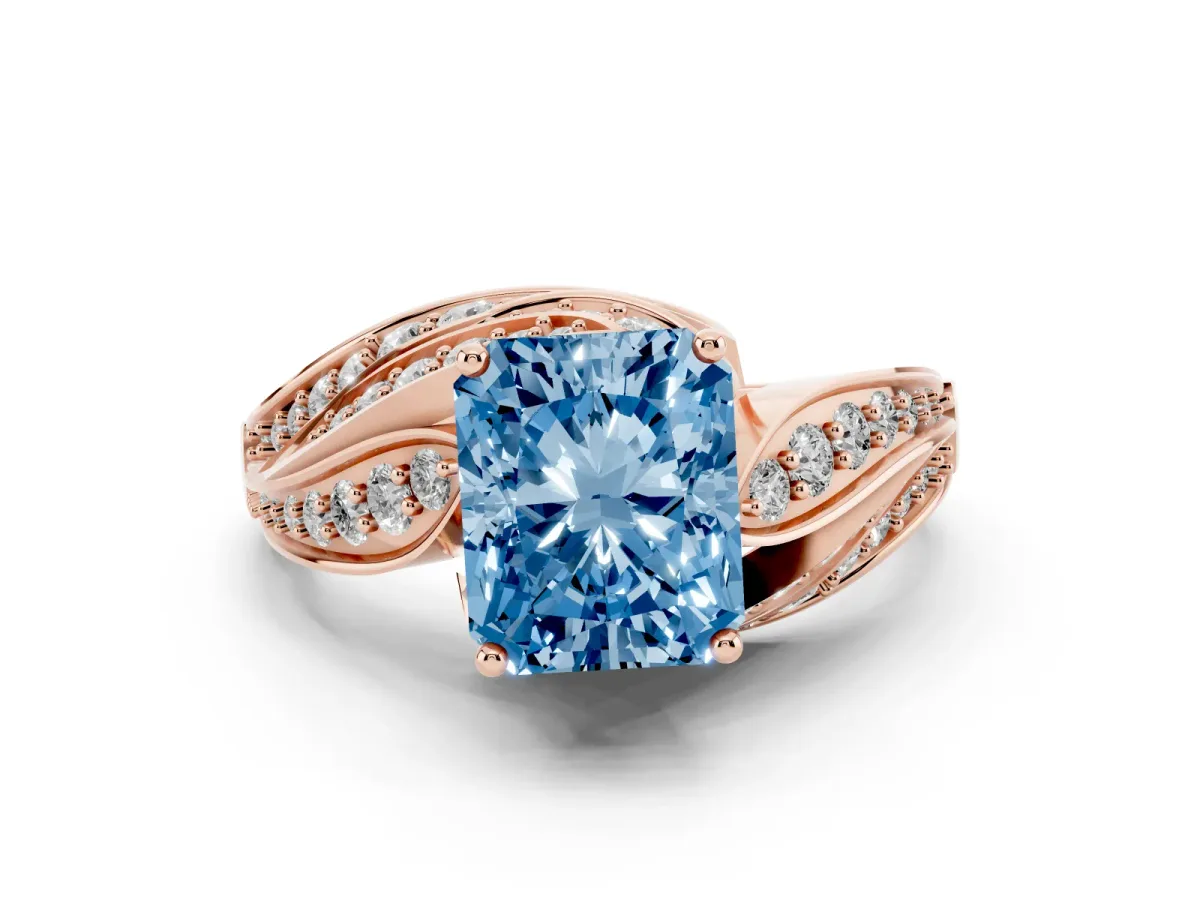 Fancy Blue Radiant Cut Diamond Solitaire Ring with Prong Setting and Twisted Pavé Band Rose gold