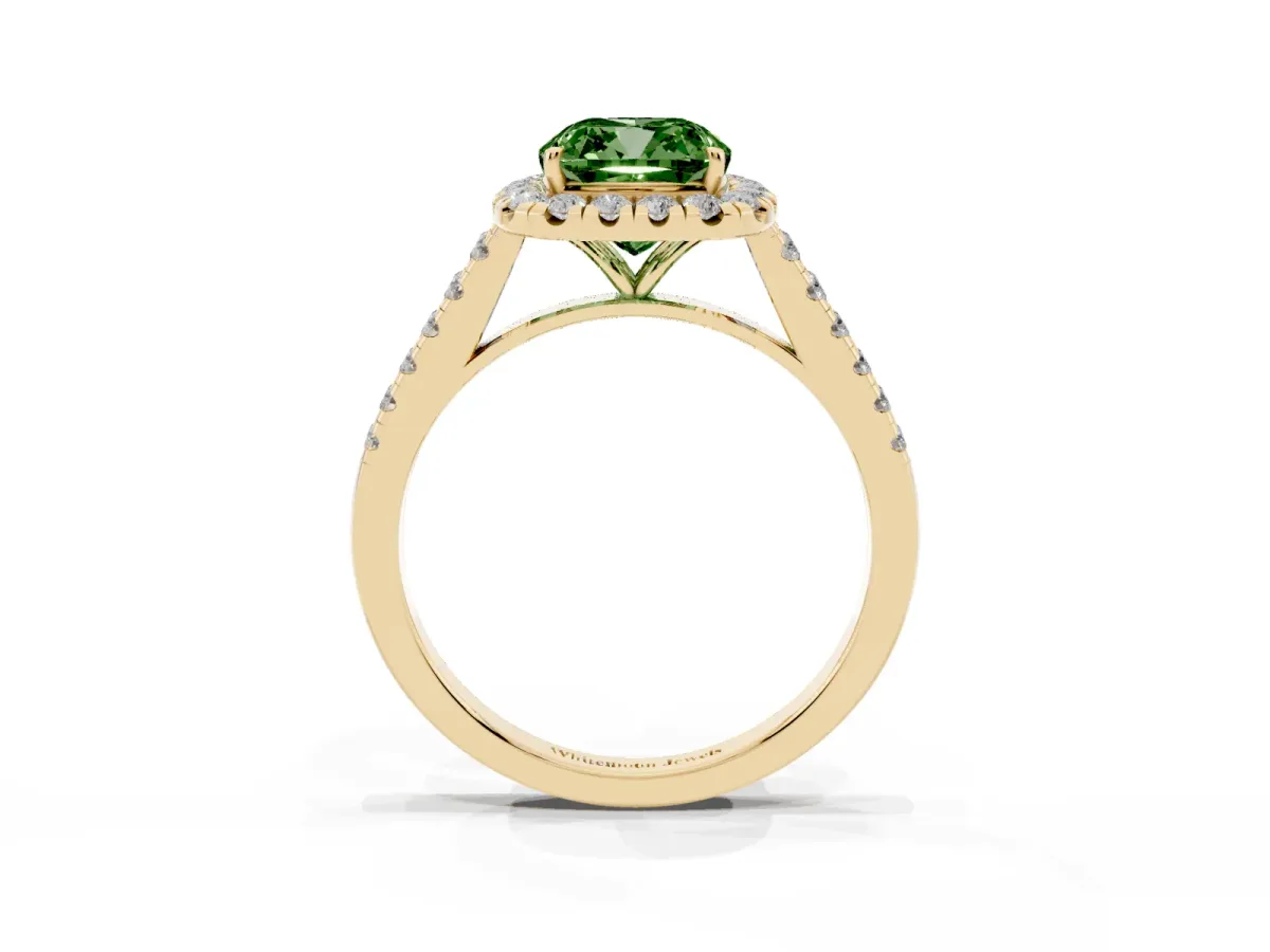 Fancy Green Cushion Cut Halo Pave Diamond Engagement Ring with Four-Prong Setting Yellow gold