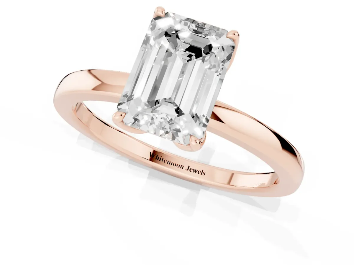 Emerald Cut Diamond Solitaire Ring with Thin Band and Prong Setting Rose gold