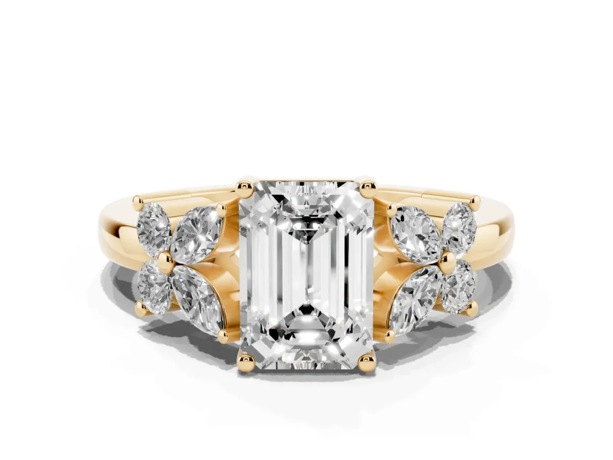 Emerald Cut Diamond Floral Cluster Ring with Solitaire Band and Prong Setting Yellow gold