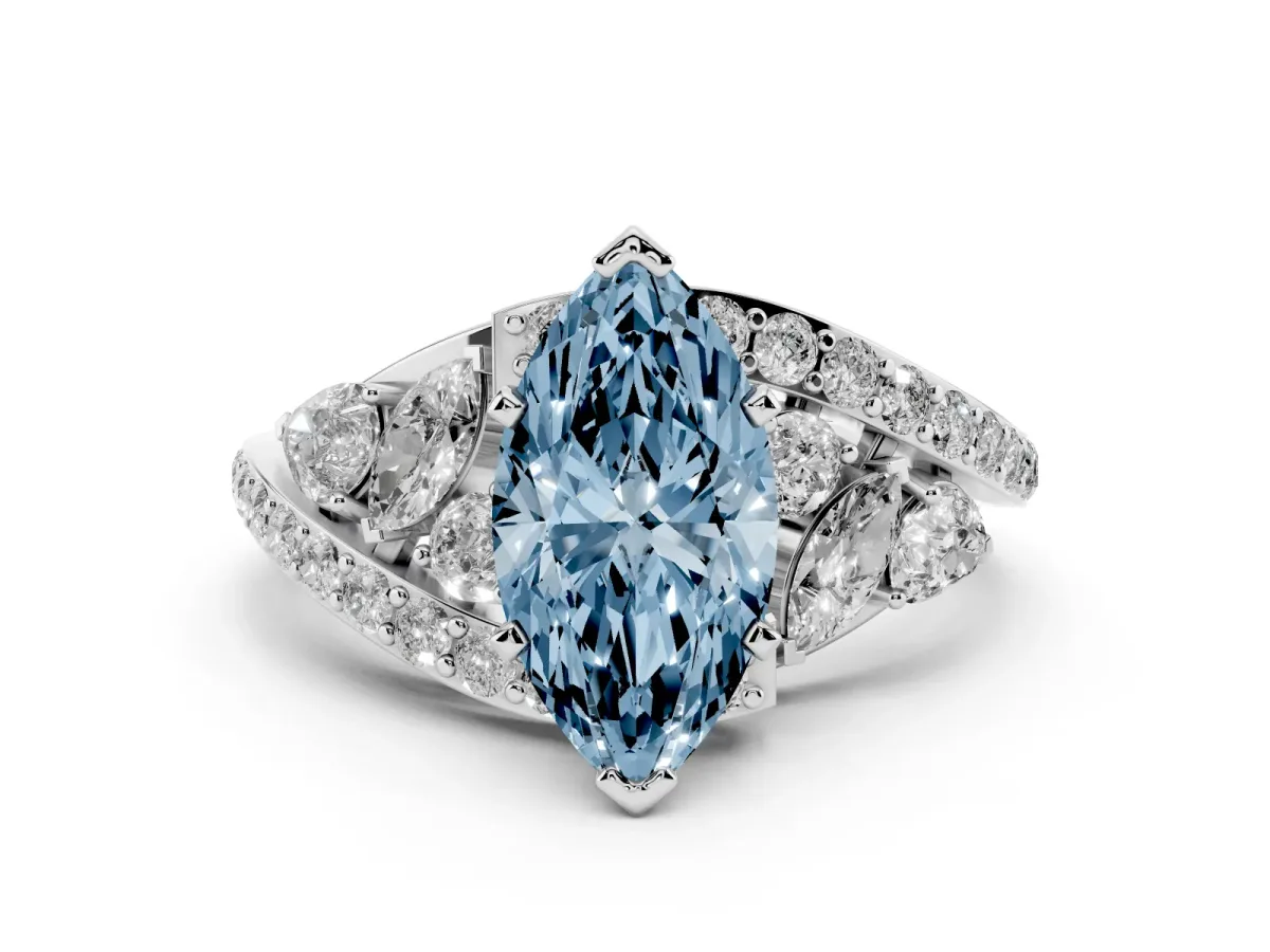 Fancy Blue Marquise Cut Diamond Halo Ring with Marquise and Pavé Band in Prong Setting Silver