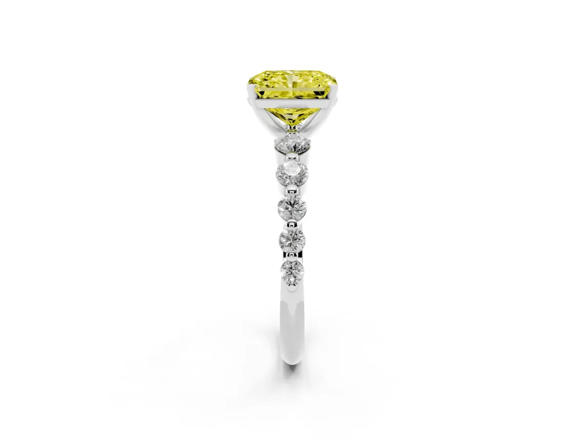 Fancy Yellow Radiant Cut Solitaire Diamond Ring with Pave Band and Four-Prong Setting Silver
