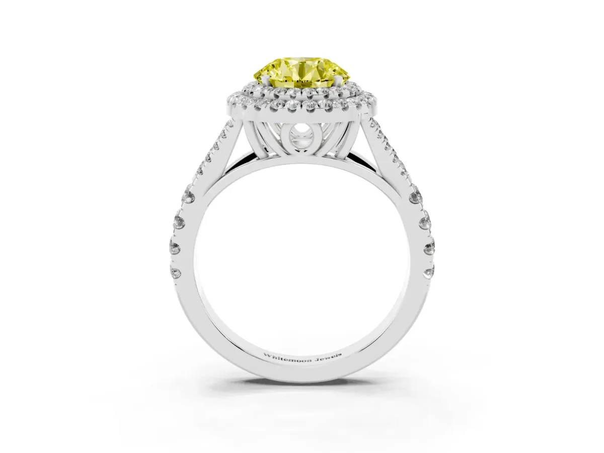 Fancy Yellow Round Cut Diamond Pavé Split Shank Double Halo Engagement Ring Silver