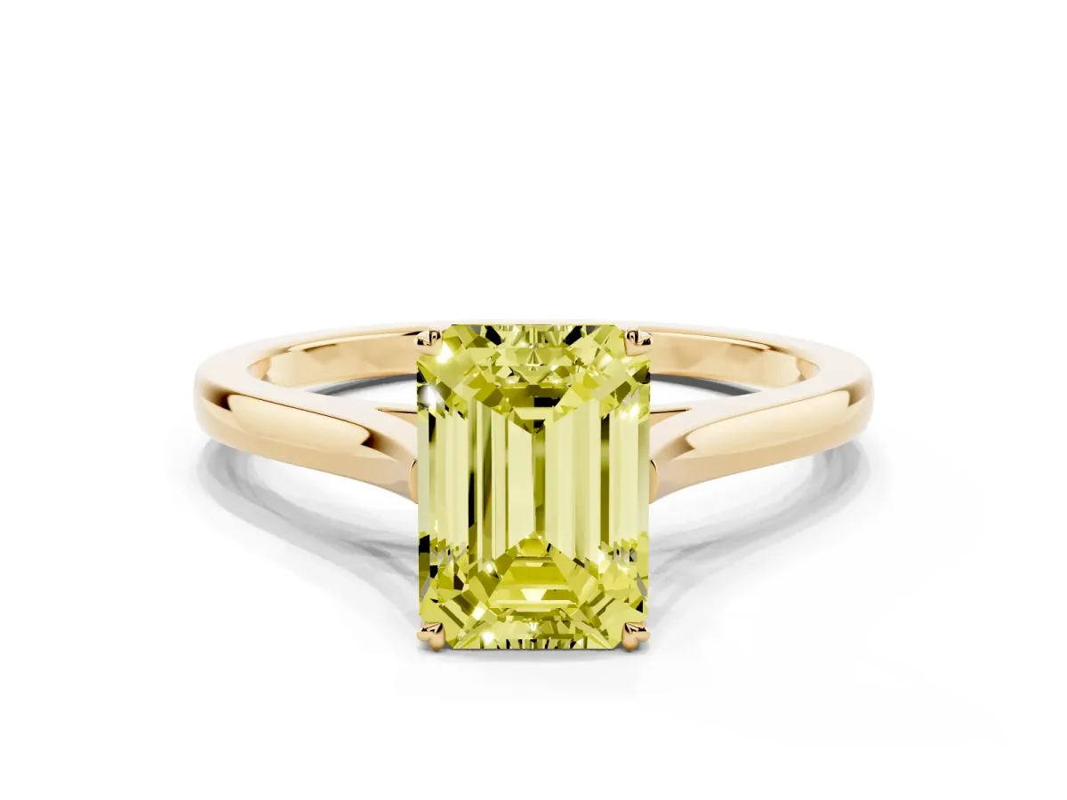 Fancy Yellow Emerald Cut Solitaire Heart Prong Engagement Ring with Tapered Band Yellow gold