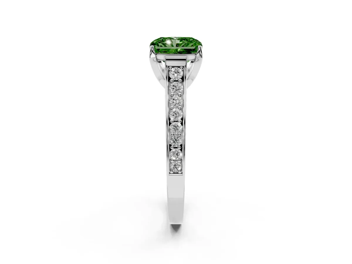 Fancy Green Radiant Cut Brilliant Cut Diamond Engagement Ring with Pavé Band and Four-Prong Setting Platinum