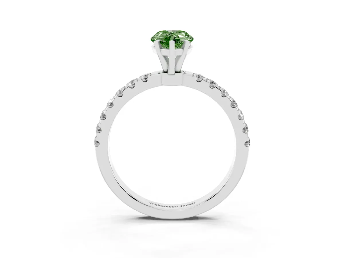 Fancy Green Pear Cut Diamond Solitaire Ring with Pavé Accents and Four-Prong Setting Platinum