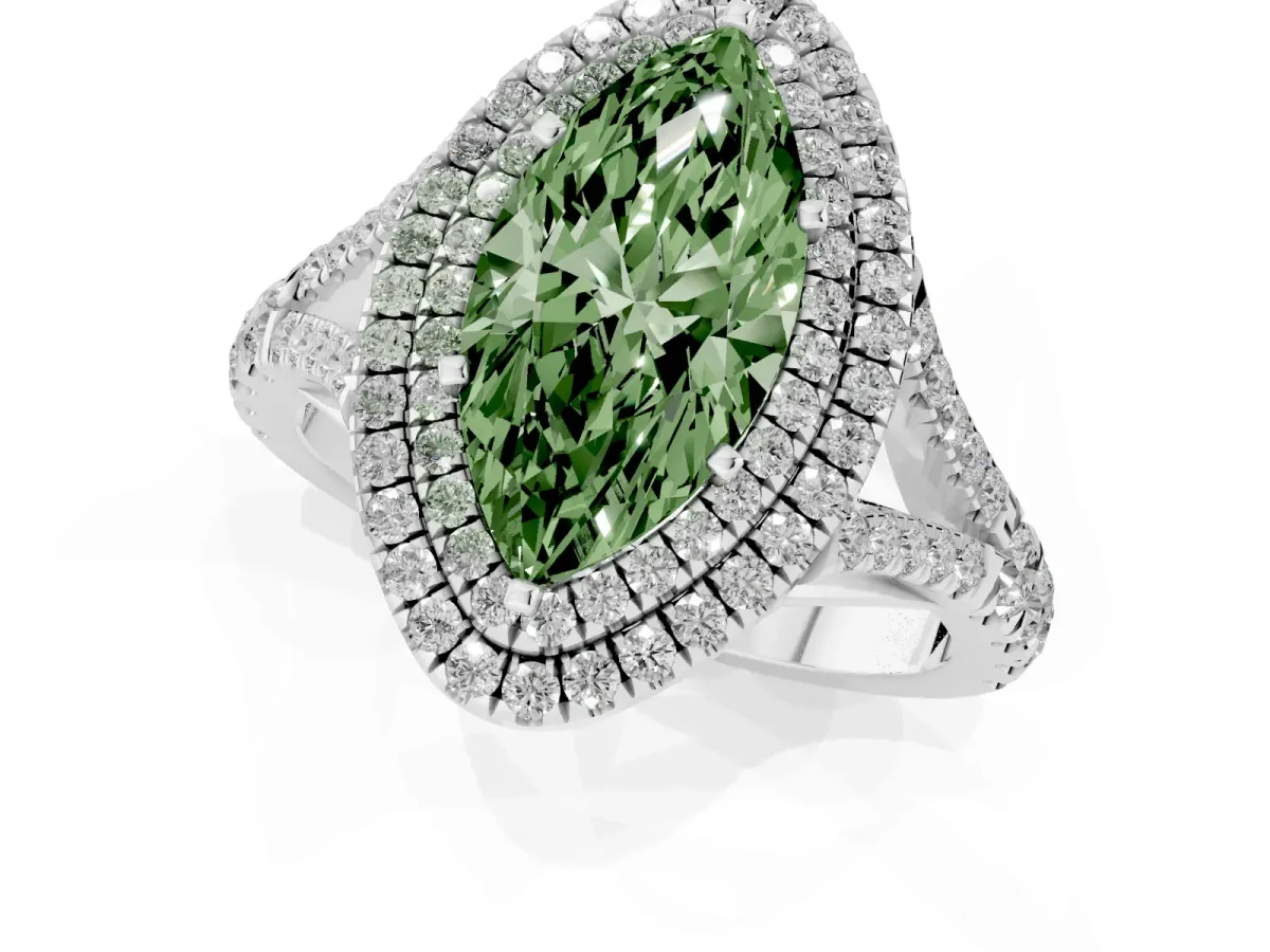 Fancy Green Marquise Cut Diamond Pavé Split Shank Double Halo Engagement Ring Silver