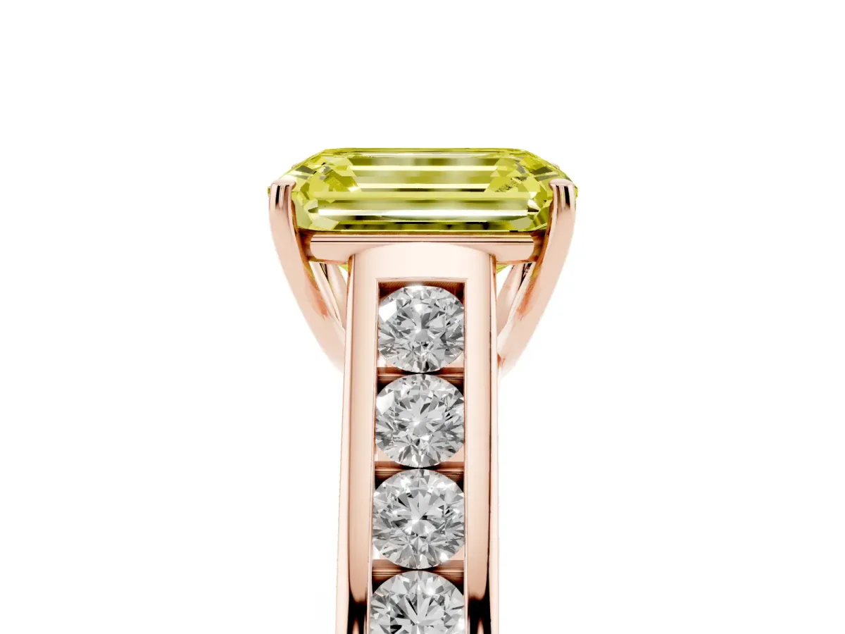Fancy Yellow Emerald Cut Solitaire Channel-Set Diamond Engagement Ring with Four-Prong Setting Rose gold
