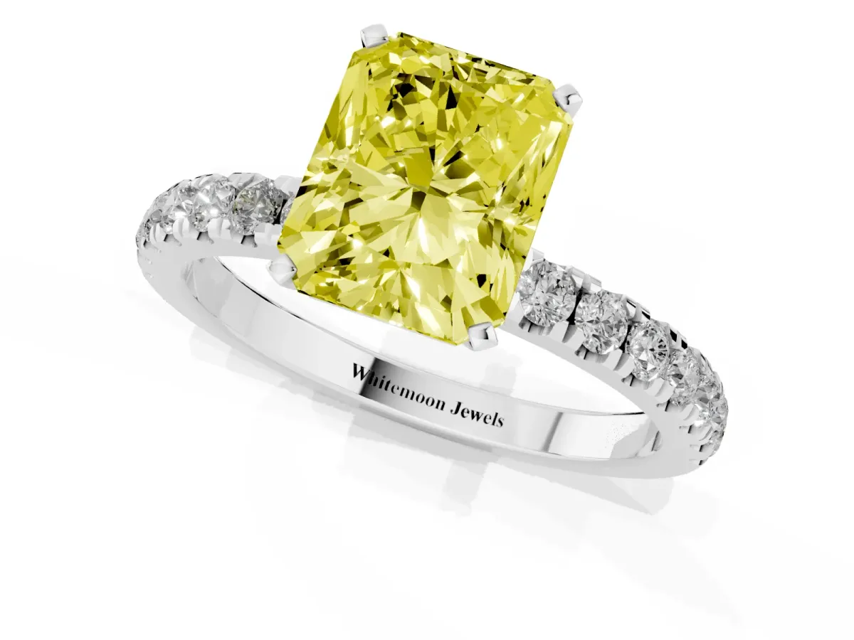 Fancy Yellow Radiant Cut Diamond Solitaire Ring with Pavé Accents and Four-Prong Setting Platinum