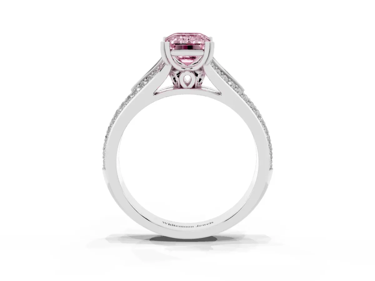 Fancy Pink Emerald Cut Diamond Split Shank Engagement Ring with Pavé Band Platinum