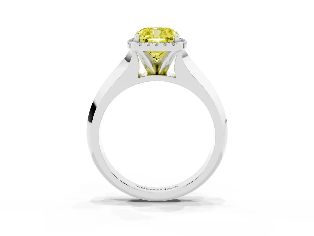 Fancy Yellow Cushion Cut Halo Diamond Ring with Cathedral Band and Four-Prong Setting Silver
