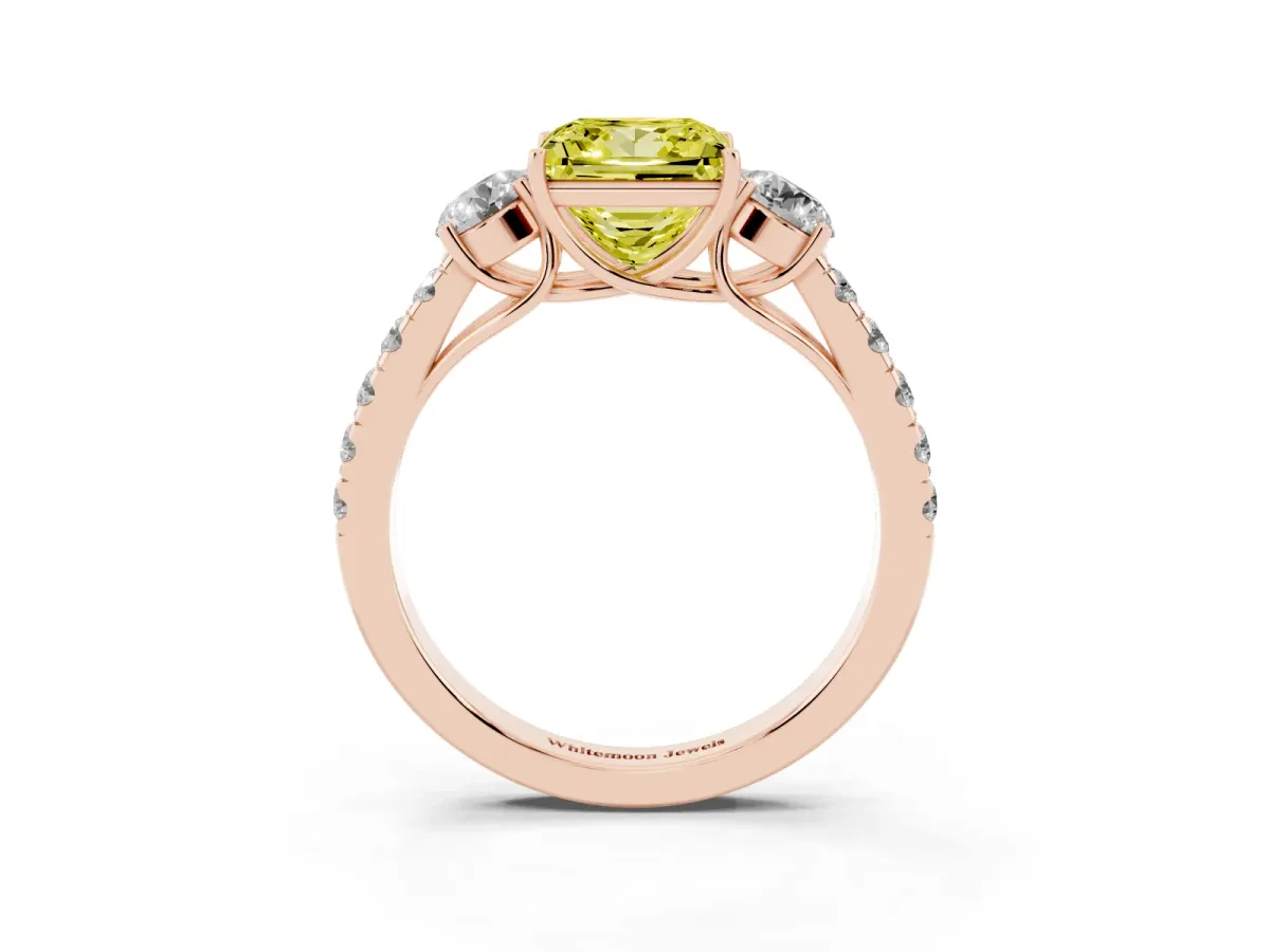 Fancy Yellow Princess Cut Cut Diamond Three-Stone Ring with Round Side Stones and Pavé Band Rose gold