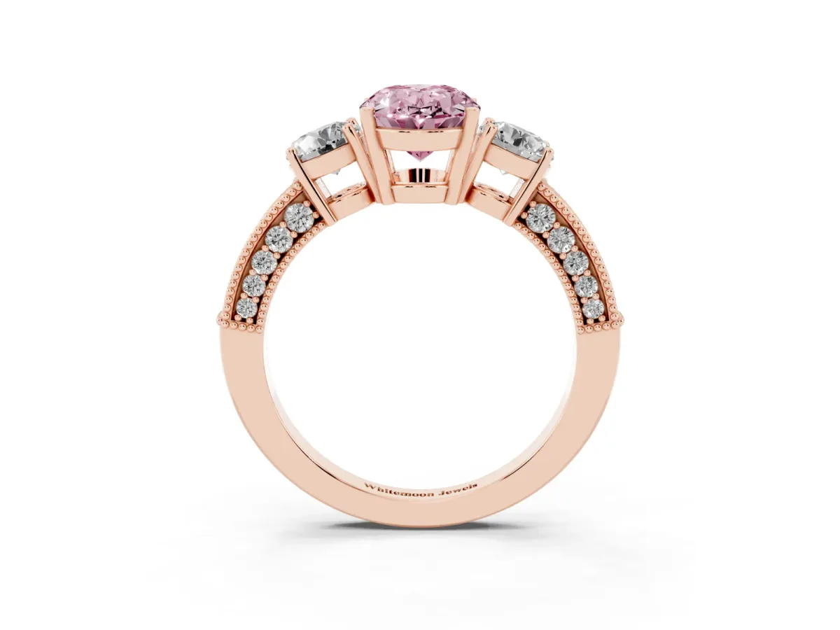 Fancy Pink Oval Cut Three-Stone Diamond Ring with Pavé Band and Four-Prong Setting Rose gold