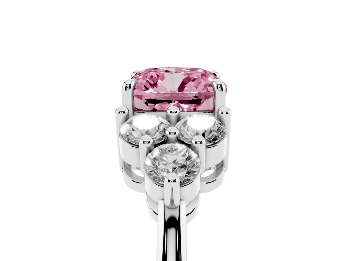 Fancy Pink Cushion Cut Brilliant Diamond Cluster Accent Solitaire Ring with Prong Setting Silver