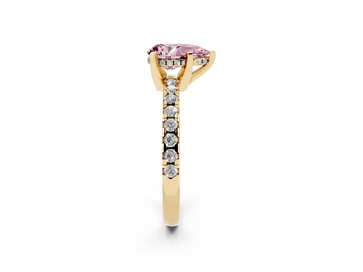 Fancy Pink Pear Cut Diamond Solitaire Ring with Round Pavé Band and Four-Prong Setting Yellow gold