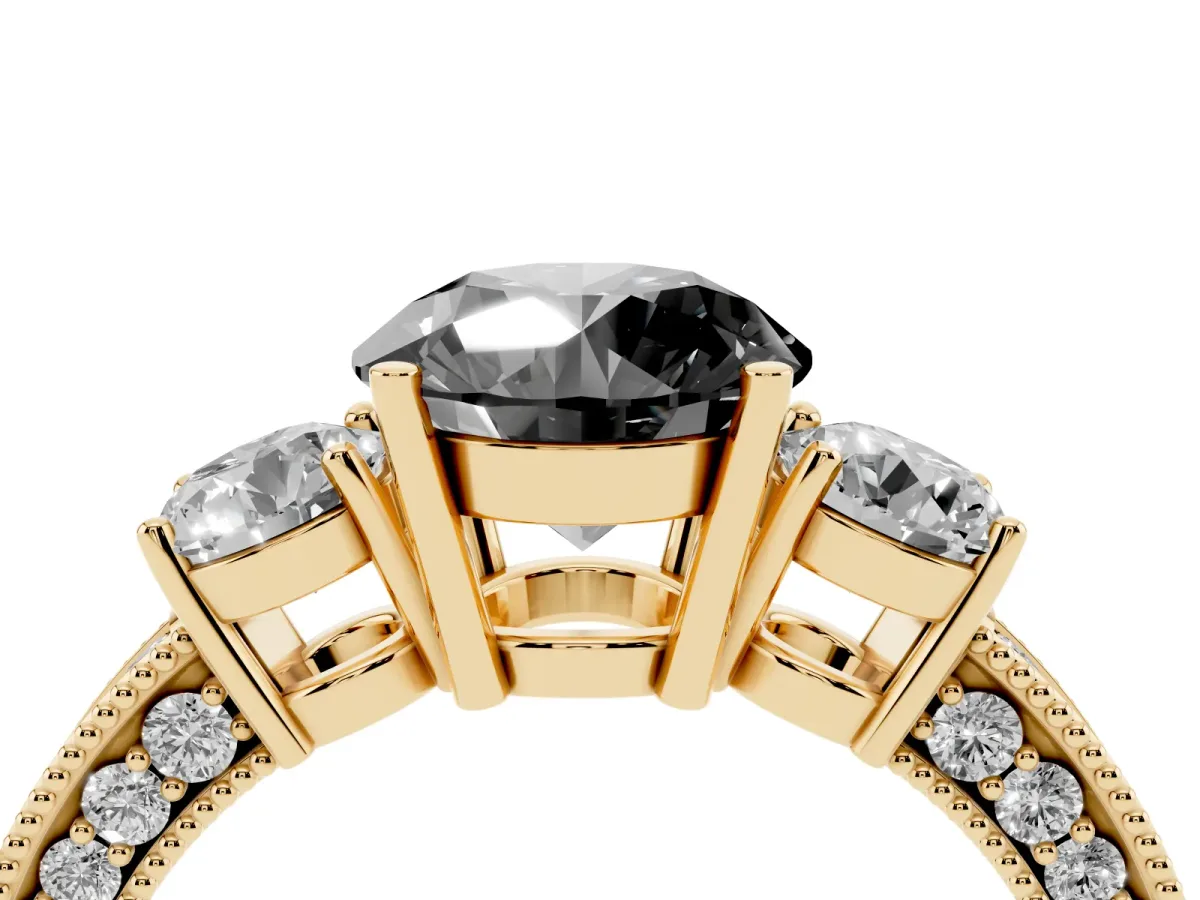 Fancy Black Round Cut Three-Stone Diamond Ring with Pavé Band and Four-Prong Setting Yellow gold