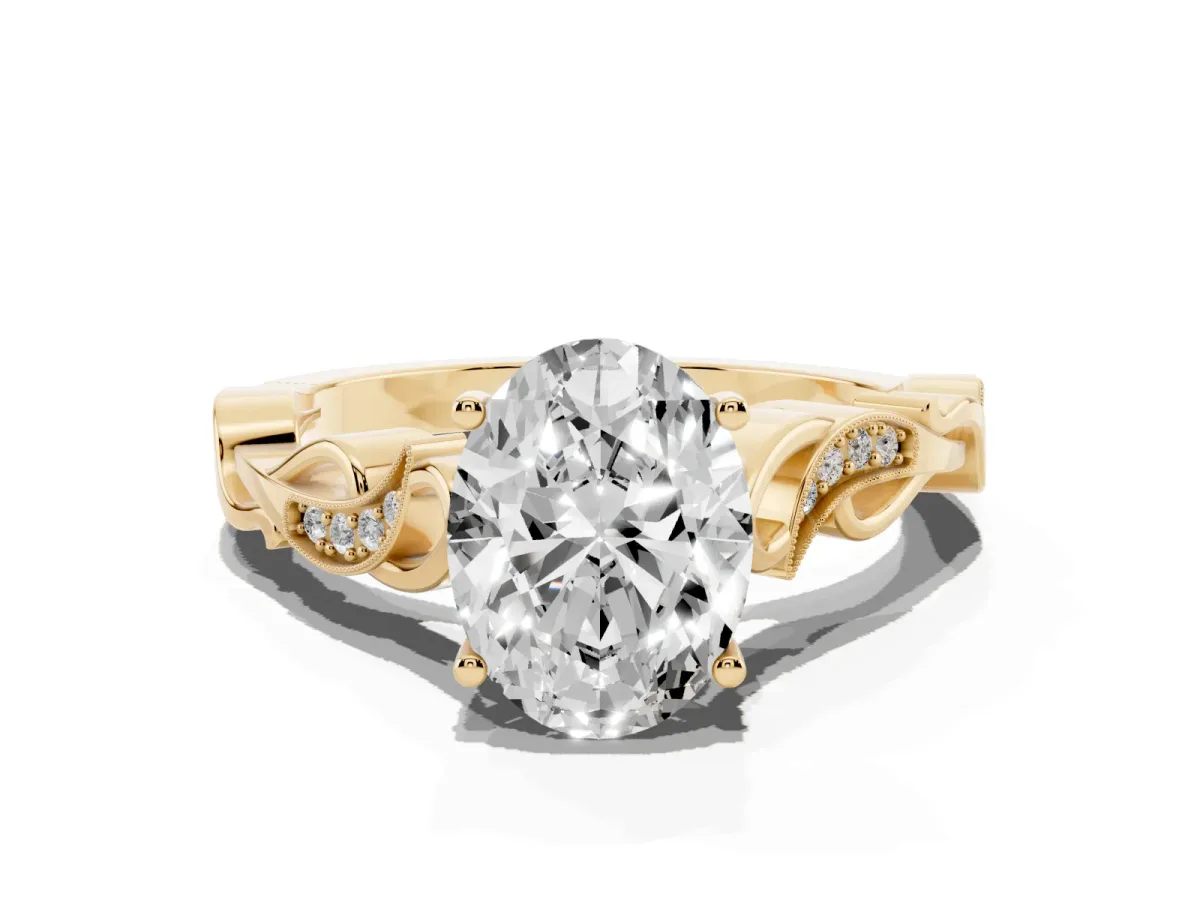 Oval Cut Solitaire Vine Band with Milgrain Prong Setting Yellow gold