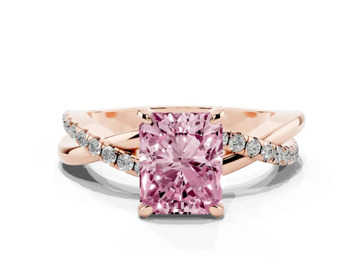 Fancy Pink Radiant Cut Cut Diamond Twist Band Solitaire with Prong Setting Rose gold