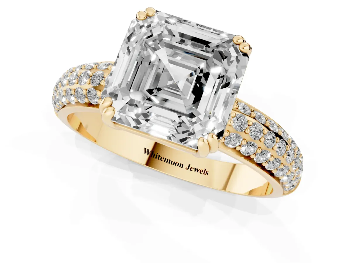 Asscher Cut Diamond Solitaire Ring with Multi-Row Round Pavé Band and Prong Setting Yellow gold