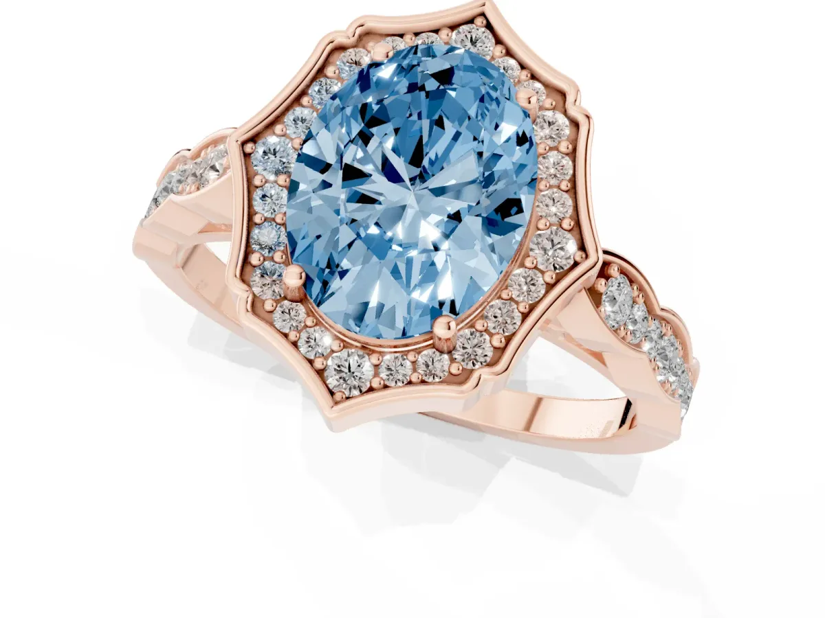 Fancy Blue Oval Cut Halo Diamond Engagement Ring with Milgrain Band and Four-Prong Setting Rose gold