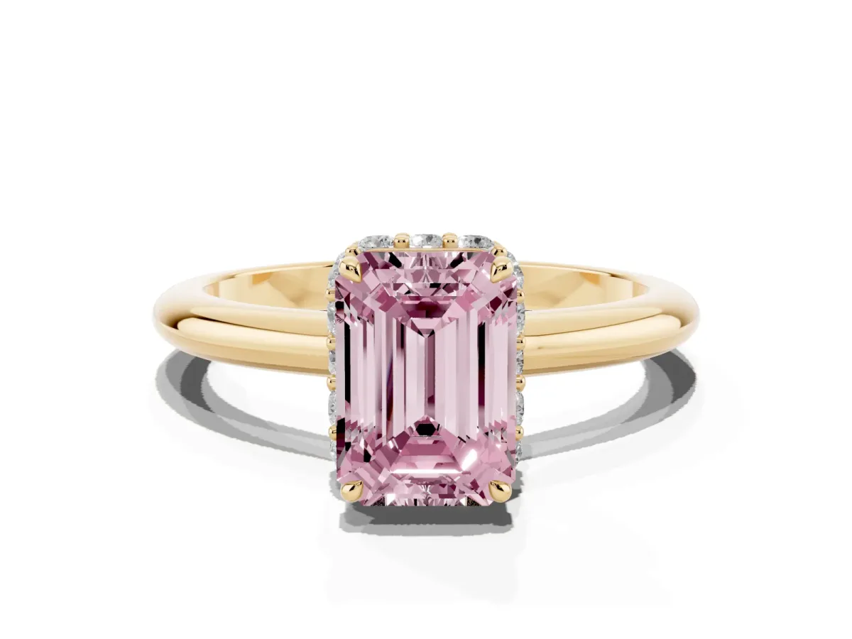 Fancy Pink Emerald Cut Brilliant Solitaire Engagement Ring with Six-Prong Setting and Classic Band Yellow gold
