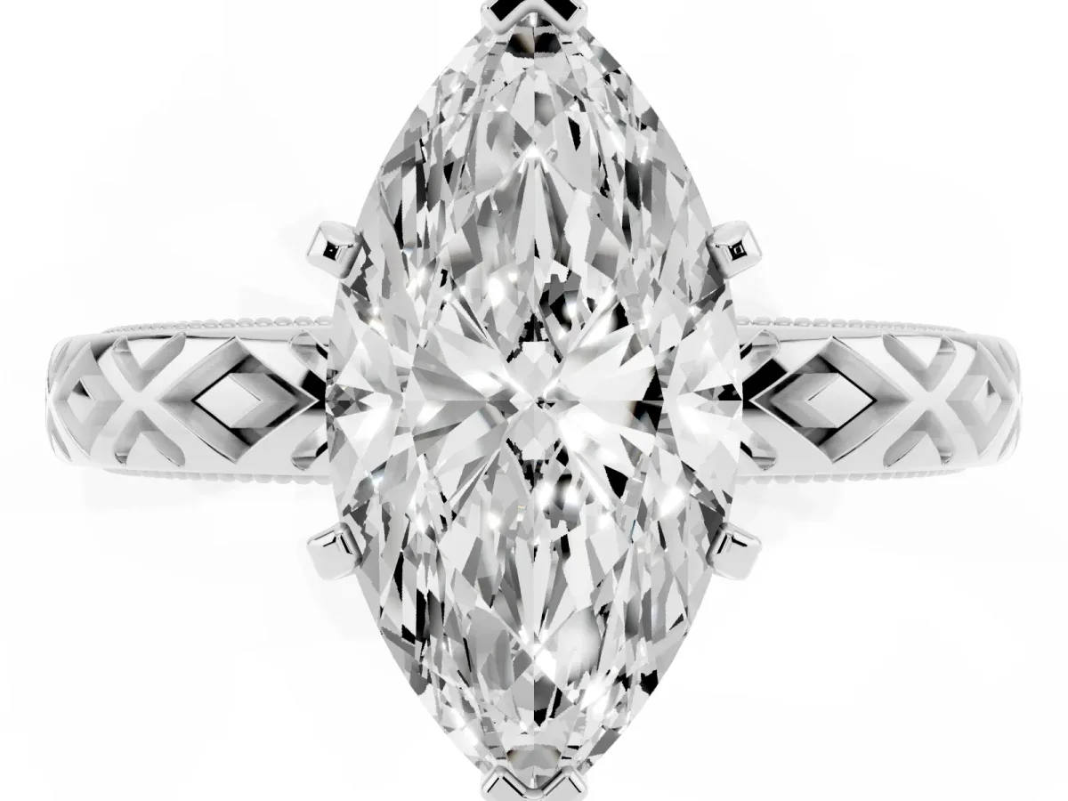 Marquise Cut Solitaire Diamond Ring with Milgrain and Black Enamel X Pattern Band Platinum