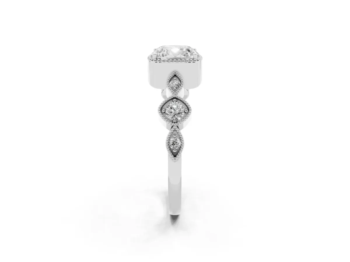 Cushion Cut Diamond Vintage Milgrain Ring with Round Stations Platinum