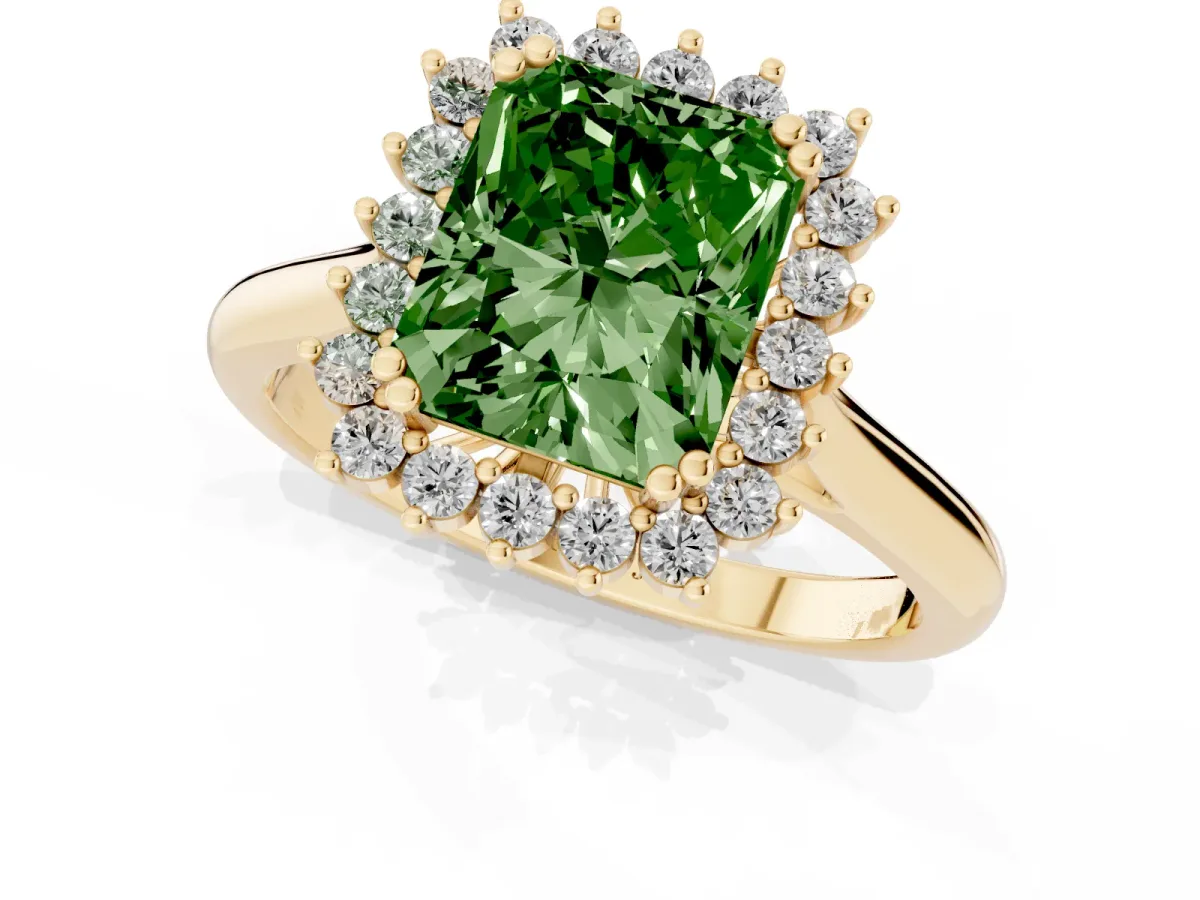 Fancy Green Radiant Cut Cut Diamond Halo Ring with Solitaire Band and Prong Setting Yellow gold