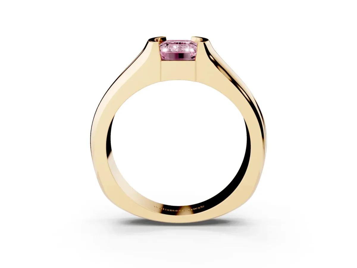 Fancy Pink Emerald Cut Solitaire Bezel Set Diamond Ring with Wide Band Yellow gold