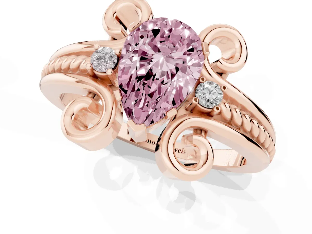 Fancy Pink Pear Cut Solitaire Twisted Band Scroll Prong Ring Rose gold
