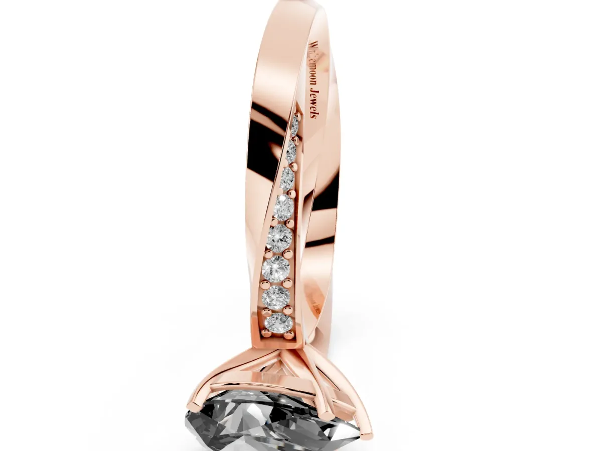 Fancy Black Pear Cut Diamond Engagement Ring with Side Stone Accents and Four-Prong Setting Rose gold