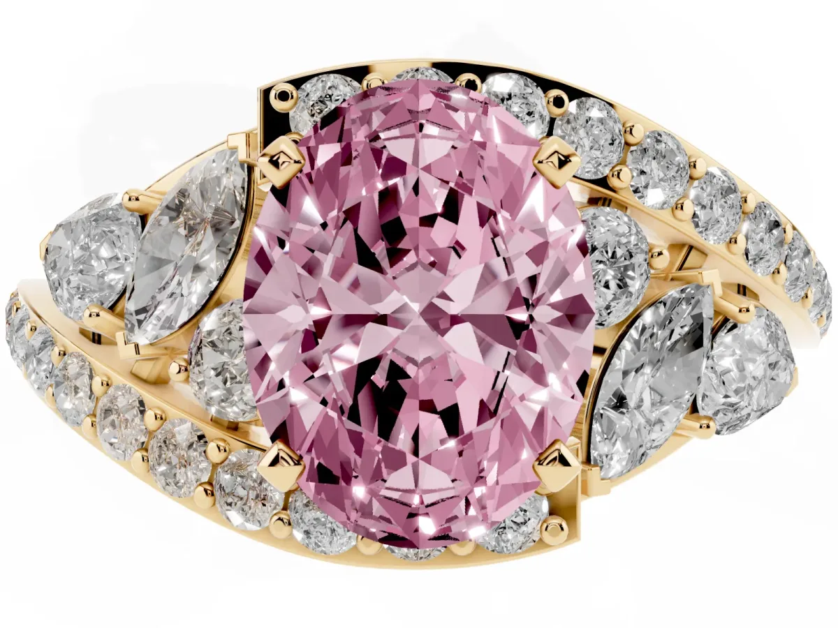 Fancy Pink Oval Cut Diamond Halo Ring with Marquise and Pavé Band in Prong Setting Yellow gold