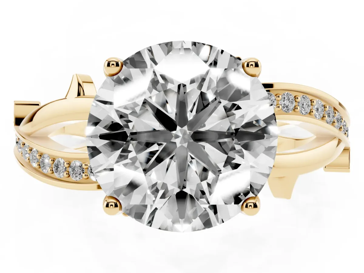 Round Cut Solitaire Twist Band with Pavé Accents and Four-Prong Setting Yellow gold