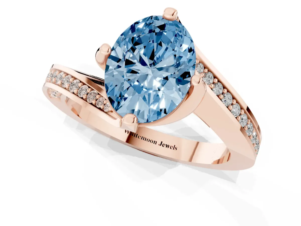 Fancy Blue Oval Cut Solitaire Diamond Twist Band with Pavé Setting and Four-Prong Setting Rose gold