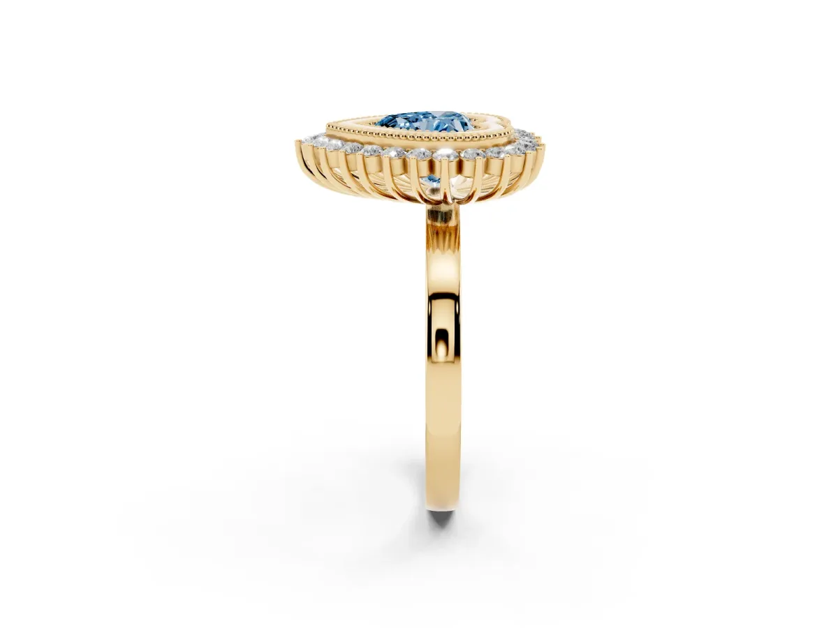 Fancy Blue Heart Cut Halo Diamond Ring with Milgrain Edge and Round Prong Setting Yellow gold