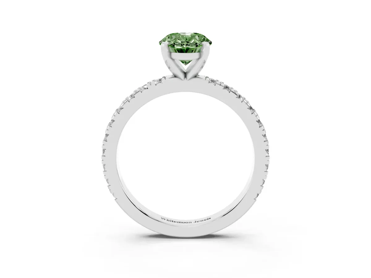 Fancy Green Oval Cut Diamond Pavé Band Solitaire with Four-Prong Setting Silver