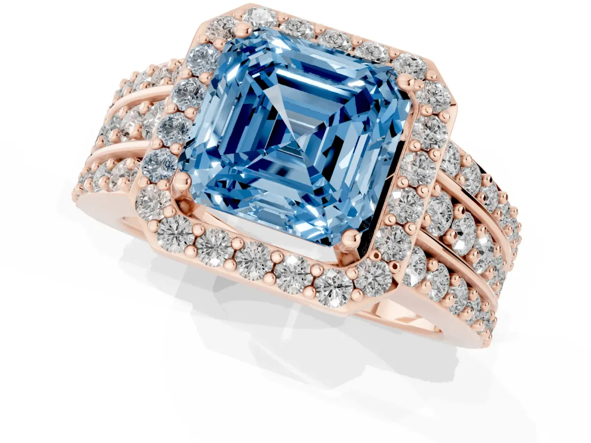 Fancy Blue Asscher Cut Halo Diamond Ring with Round Split Shank and Prong Setting Rose gold