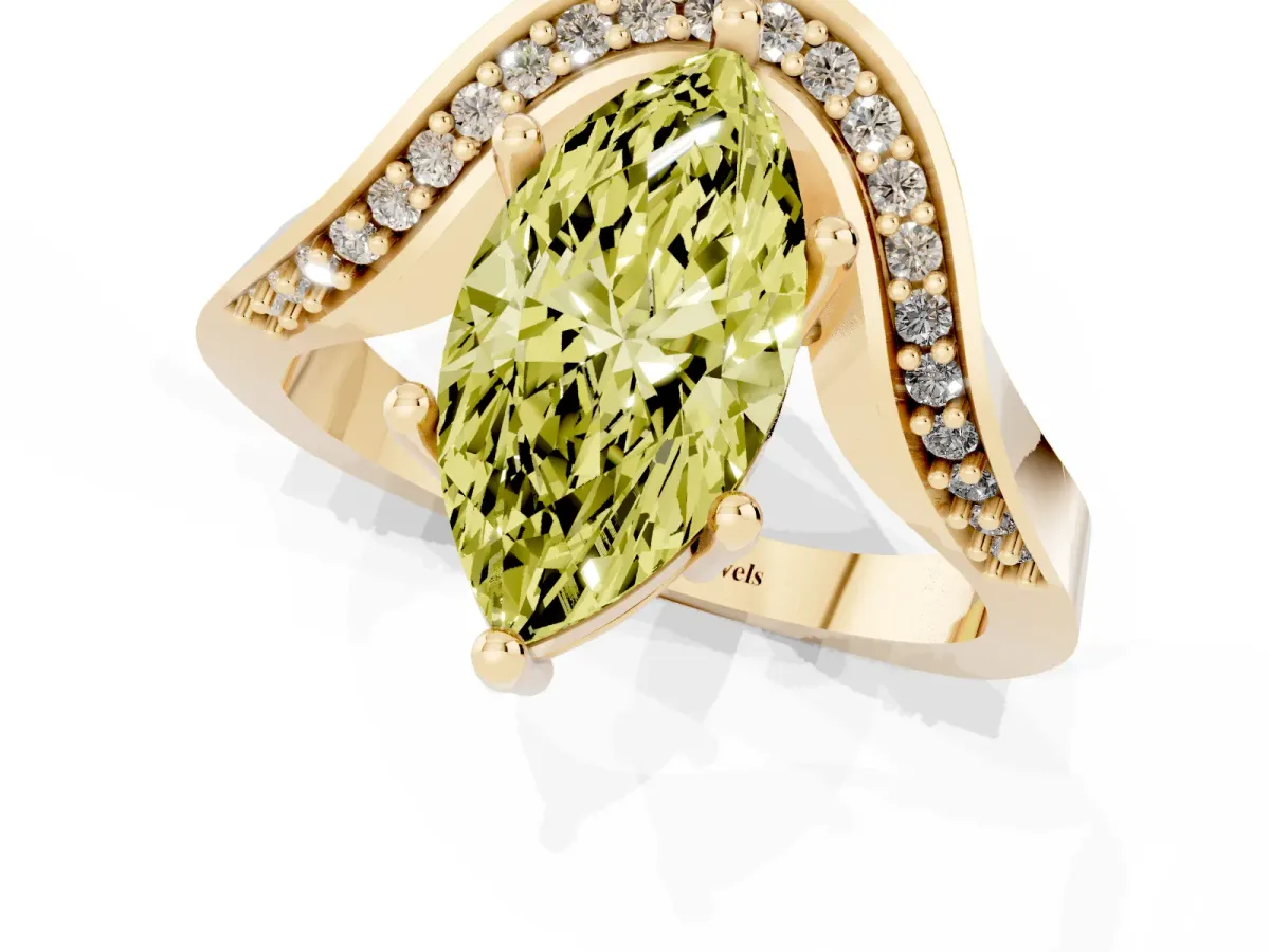 Fancy Yellow Marquise Cut Solitaire Diamond Engagement Ring with Pave Band and Four-Prong Setting Yellow gold