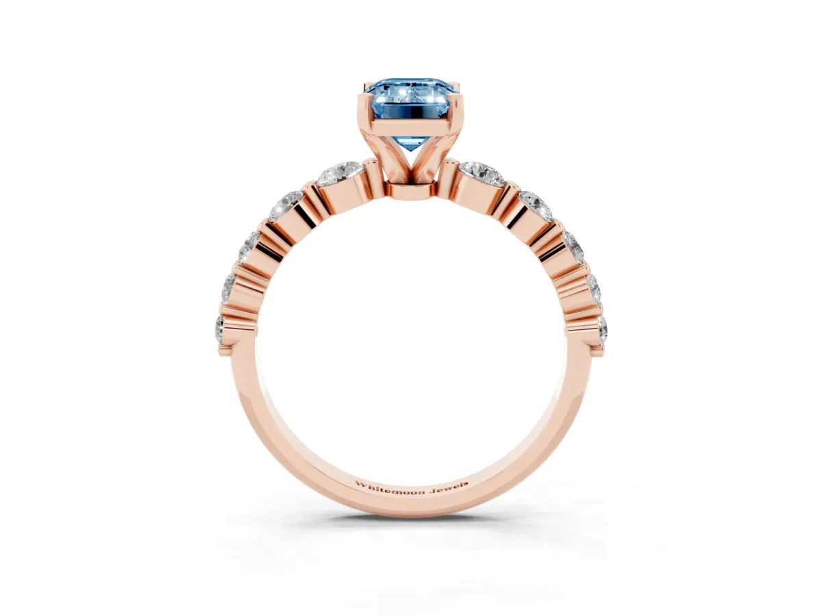 Fancy Blue Emerald Cut Solitaire Diamond Ring with Pave Band and Four-Prong Setting Rose gold