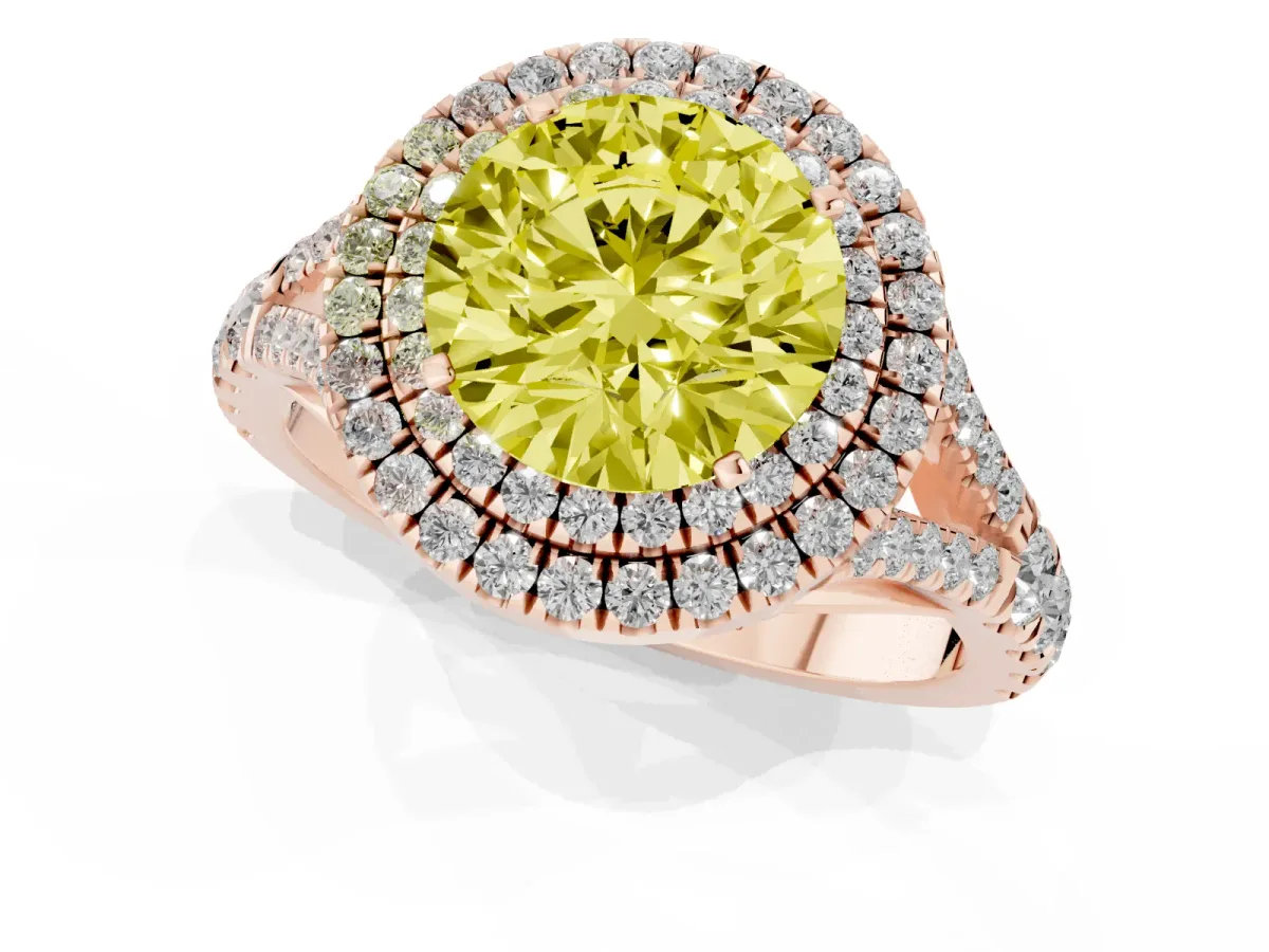 Fancy Yellow Round Cut Cut Double Halo Split Shank Diamond Ring with Prong Setting Rose gold
