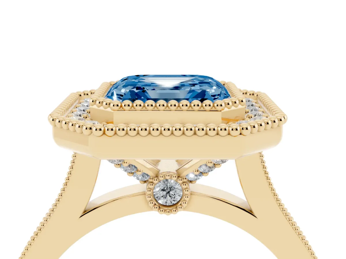 Fancy Blue Asscher Cut Diamond Halo Ring with Milgrain Frame and Pavé Band Yellow gold