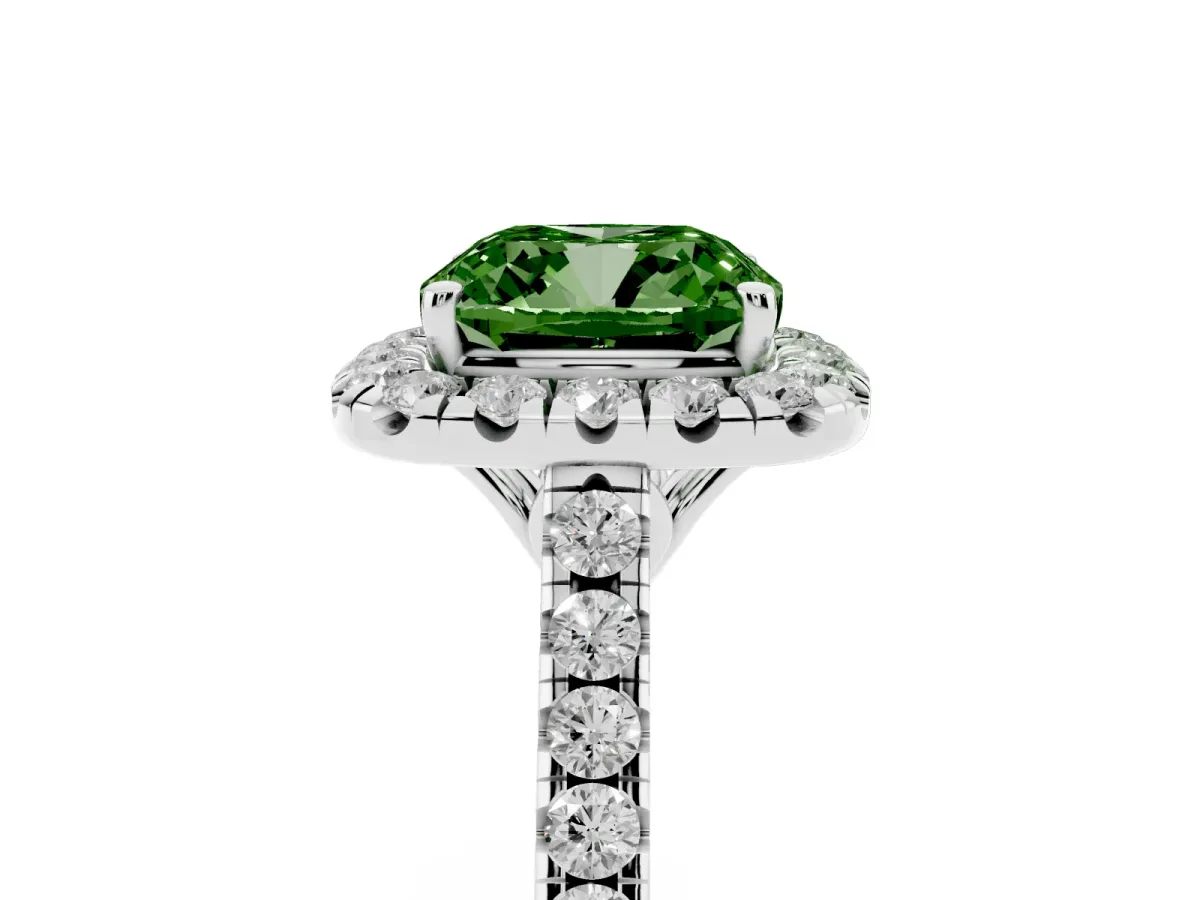 Fancy Green Cushion Cut Halo Pavé Diamond Engagement Ring with Four-Prong Setting White gold