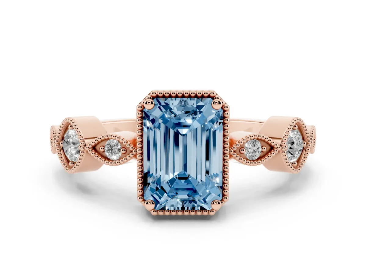 Fancy Blue Emerald Cut Diamond Vintage Milgrain Ring with Round Stations Rose gold