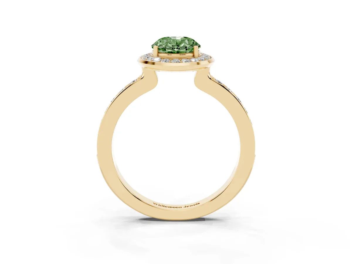 Fancy Green Oval Cut Diamond Halo Ring with Bezel Frame and Pavé Band Yellow gold
